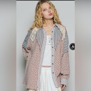 POL Cotton Gauze Multi Media Embellished Button Down Shirt